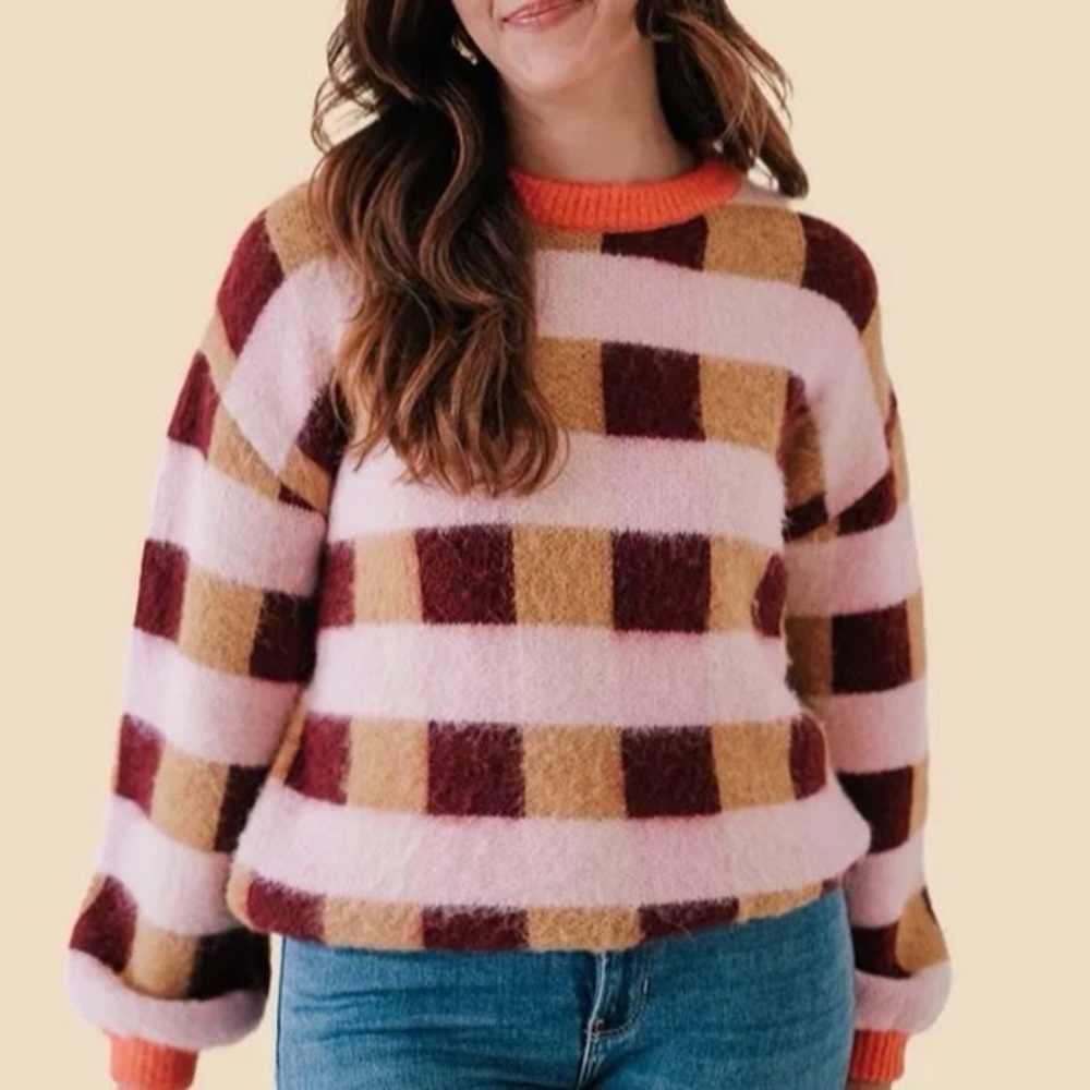 FRNCH Paris MALORINE Multi Check Wool Blend SWEATER Womens M